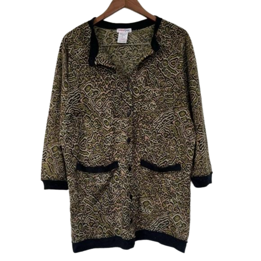 Wool Blend Cardigan Leopard Print Brown Green Black Trim Pockets Vintage Size M